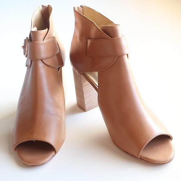Vaneli Tan Leather Peep Toe Stacked Block Heel Bootie Shoes Ankle Boots Size 6 - Picture 4 of 16